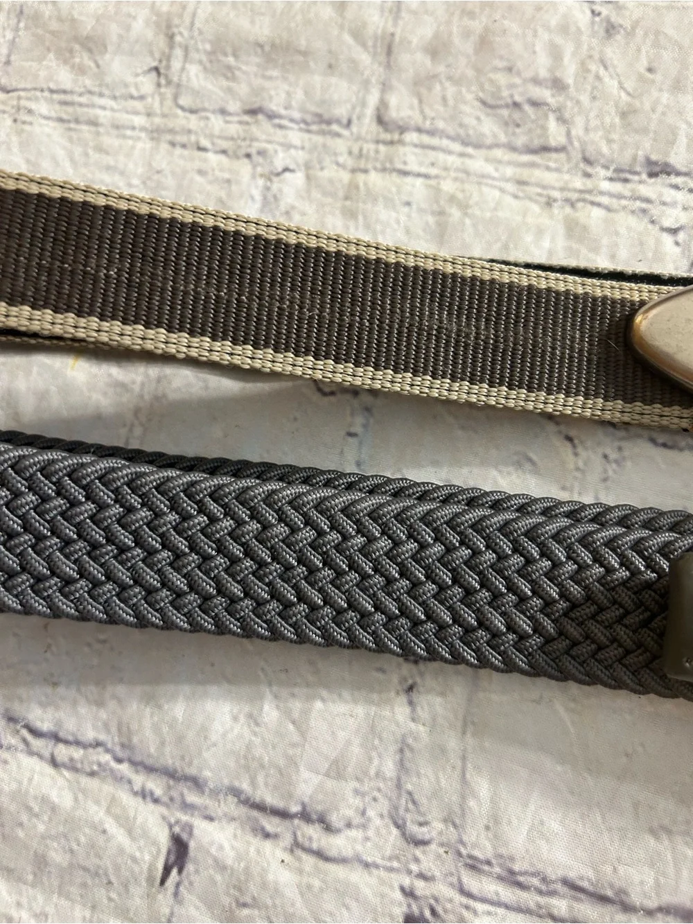 LOT OF (2) MEN NEUTRAL COLOR BELTS GREY STRETCH & TAUPE/TAN FABRIC SILVER TONE